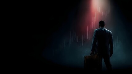 Poster - Businessman with briefcase stands in dramatic spotlight