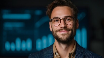 Poster - Smiling executive standing in front of data presentation with LED lighting