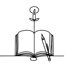 Poster - Open book with candle and pen in single line outline vector style  
