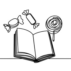 Poster - Open book with candies and lollipop in single line outline style  