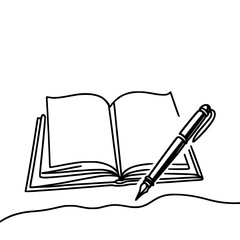 Poster - Open book with pen lying beside on desk in minimal outline style  