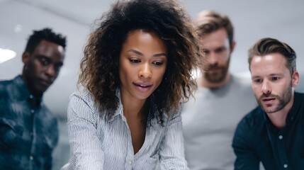 Poster - Diverse team reviewing strategy around standing table in modern office