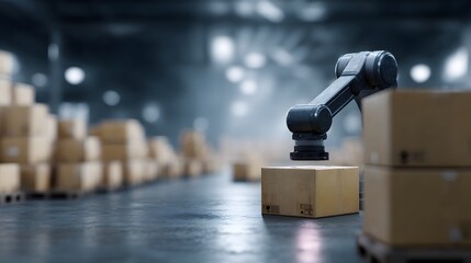 Poster - A warehouse robot scanning barcodes on packages in a dimly lit industrial setting