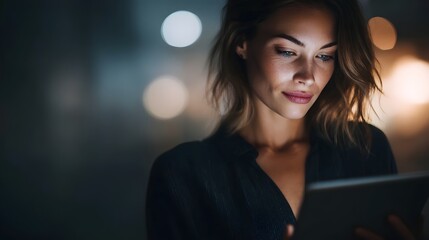 Poster - Businesswoman collecting customer data on tablet in office with sharp lighting