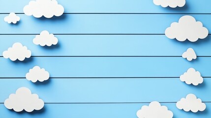 Poster - White paper clouds scattered over a blue wooden background, creating a whimsical sky-themed design.