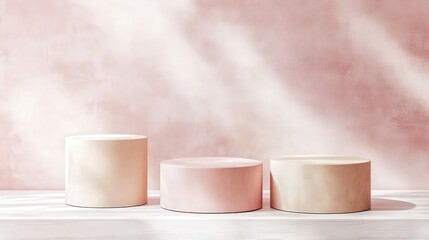 Poster - Three pastel pink and beige cylindrical podiums on a white wooden surface with a soft pink textured background.