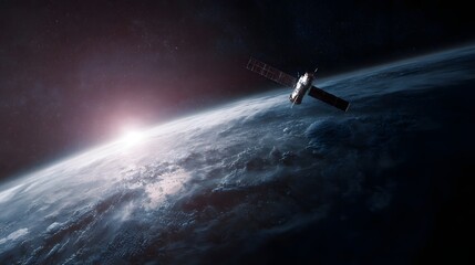 Poster - Satellite orbiting Earth collecting atmospheric data with sharp focus and high