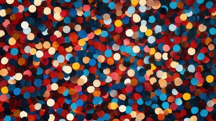 Poster - A vibrant abstract painting featuring dense clusters of multicolored dots in red, blue, white, yellow, and brown on a dark background.