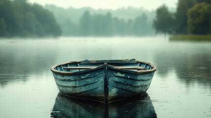 Wall Mural - a weathered blue rowboat rests peacefully on a calm lake surrounded by mist and dense forest in the 