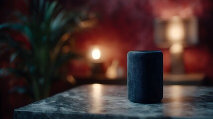 Poster - Smart speaker voice assistant device in a cozy home setting