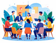 © hendri - Diverse Team Having a Meeting Around a White Table in Bright Office with Decorative Plants Flat Vector Illustration