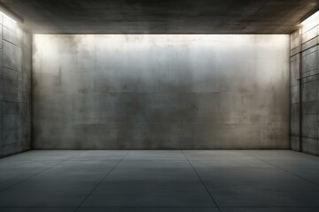 Poster - Empty concrete room with subtle lighting highlighting a large wall, creating a dramatic and minimalist atmosphere