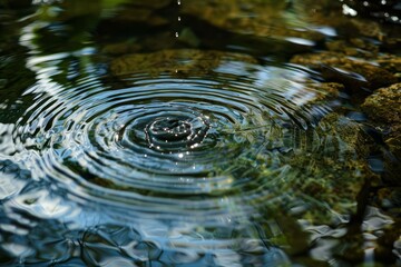 Poster - Water droplet falling and creating concentric ripples on a pond with rocks at the bottom