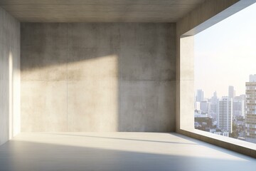 Poster - Modern empty concrete room interior with city view and sunlight