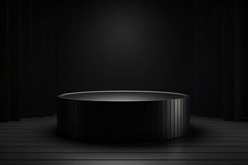 Poster - Black cylindrical podium showcasing products on a dark wooden floor with a striped backdrop, creating a dramatic and elegant presentation space