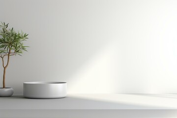 Poster - Sunlight illuminating minimalist white surface with small plant and empty bowl, creating serene atmosphere