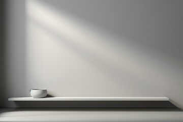 Poster - Sunlight illuminating empty shelf with vase in minimalist gray room