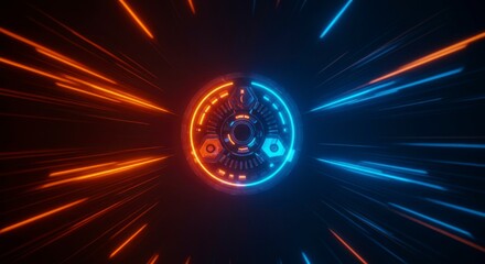 Fototapete - Futuristic circular mechanism, vibrant orange and blue energy beams radiate outwards in a dark setting