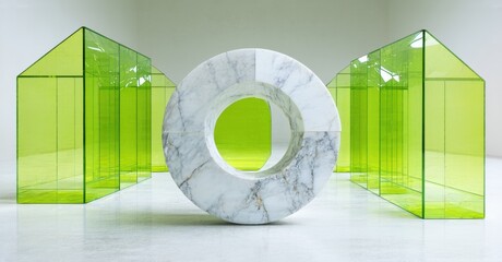 Aufkleber - Minimalist installation features marble torus, green translucent cube structures. Bright space, modern art exhibit. Clean lines, geometric forms.