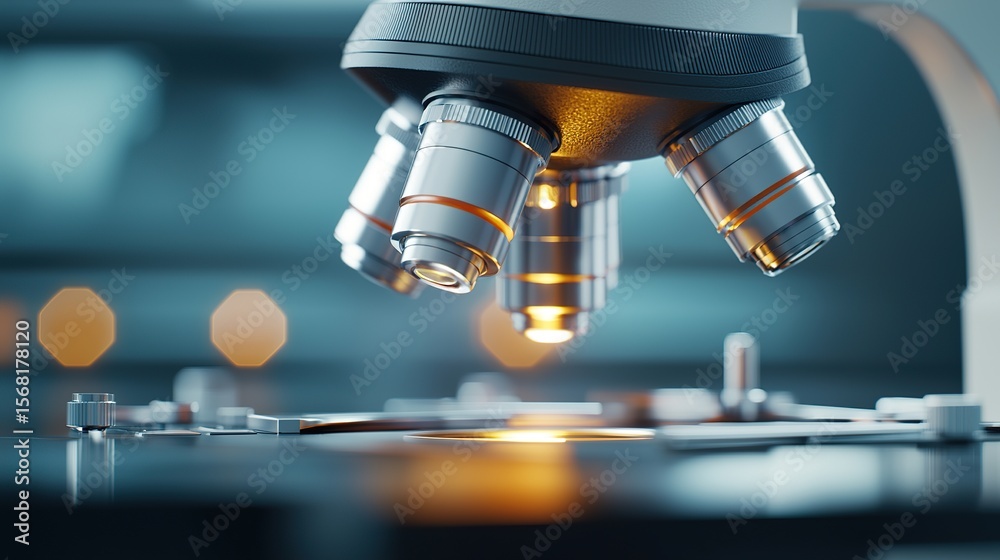 Soft cinematic lighting illuminating microscope turret, reflections off ...