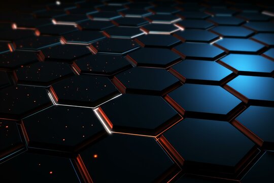 Hexagonal surface with glowing edges creates a futuristic and technological background, ideal for modern and innovative projects