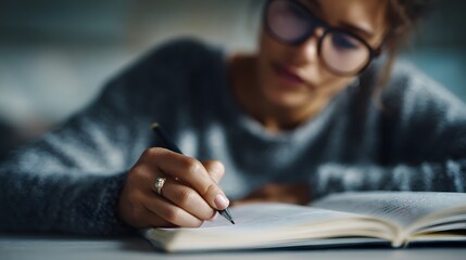 Poster - A student intently writing in a notebook beside an open textbook surrounded by the warm indoor lighting  long title A focused student sits at a