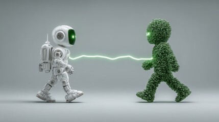 Poster - Friendly robot and green character engaging in a customer journey representing ai-driven interactions