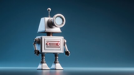 Poster - Robot holding a magnifying glass analyzing data for merger analysis in an ai-driven business context
