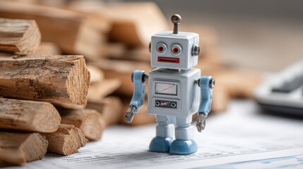 Poster - Playful robot toy designed for budgeting advice sitting on a rustic piece of wood in a creative environment