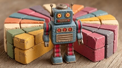 Poster - Charming toy robot standing proudly next to a colorful pile of bricks symbolizing budget organization and strategy
