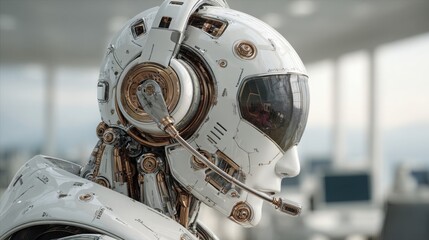Poster - Elegant humanoid robot overlooking a modern cityscape symbolizing ai business advisor concept of future innovation