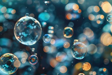 Poster - Many soap bubbles are floating in the air, reflecting warm and cool lights