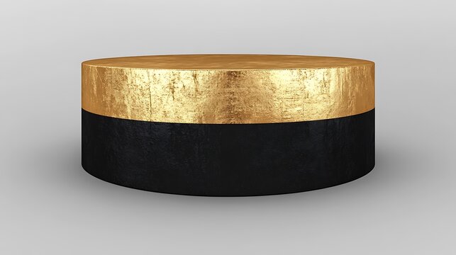 Cylinder-shaped object with gold and black design.