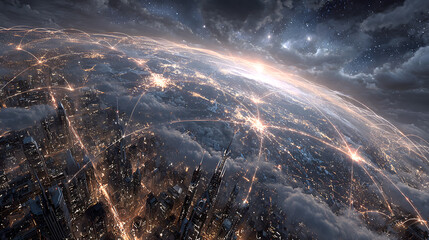 Poster - A futuristic image that represents the world being fully connected to technology and the growing importance of connected devices. taken from an elevated position.