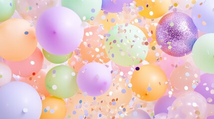 Wall Mural - Balloon Fiesta: An abstract collection of pastel-colored balloons floats, interwoven with sparkling confetti, in an enchanting composition, celebrating joy and festivity.