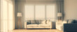 © birulaut - Blurred living room interior with sofa lamps window and wooden floor.