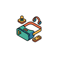 Poster - Isometric View of Virtual Reality Headset and Accessories for Gaming.