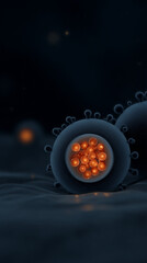 Poster - A microscopic view of cells with orange spheres inside on a dark blue textured background