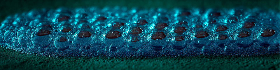 Poster - A close up view of a collection of blue bubbles with brown spots on a textured green surface
