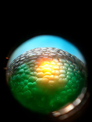 Poster - Close up fisheye view of green and yellow liquid bubbles with a blue sky background in the distance