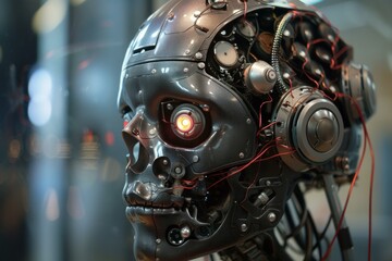 Poster - Artificial intelligence robot showing human skull features with red glowing eye and exposed wiring