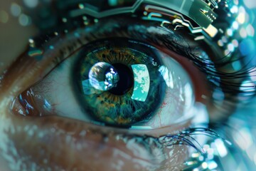 Fototapete - Close up of a human eye reflecting digital information, suggesting concepts of future technology and augmented reality