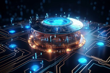 Fototapete - Futuristic quantum computing processor performing complex calculations on a motherboard, generating data flow and advanced technological innovation