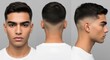 © Hilmi - A young man showcases a modern haircut in three different views: front, back, and side.