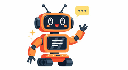 Poster - Orange robot with a smiling face waving its hand and a speech bubble with ellipsis near its head