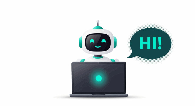 A cute robot with a speech bubble saying hi sitting behind a laptop on a white background vector art