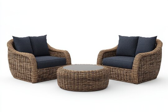 High-quality 3D rendering of brown wicker outdoor furniture set with dark blue cushions, two single chairs, sofa, and end table on white background
