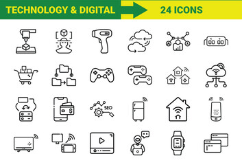 Fototapete - A modern collection of outlined digital technology icons showcasing innovative concepts of the digital era.