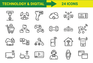 Fototapete - A set of twenty four outlined technology and digital icons for modern concepts and ideas