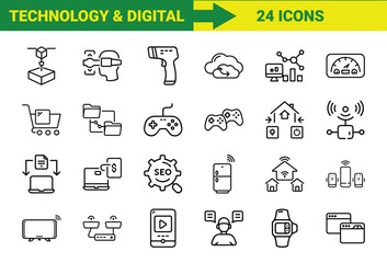 Fototapete - Collection of twenty-four modern technology and digital icons representing connectivity and innovations